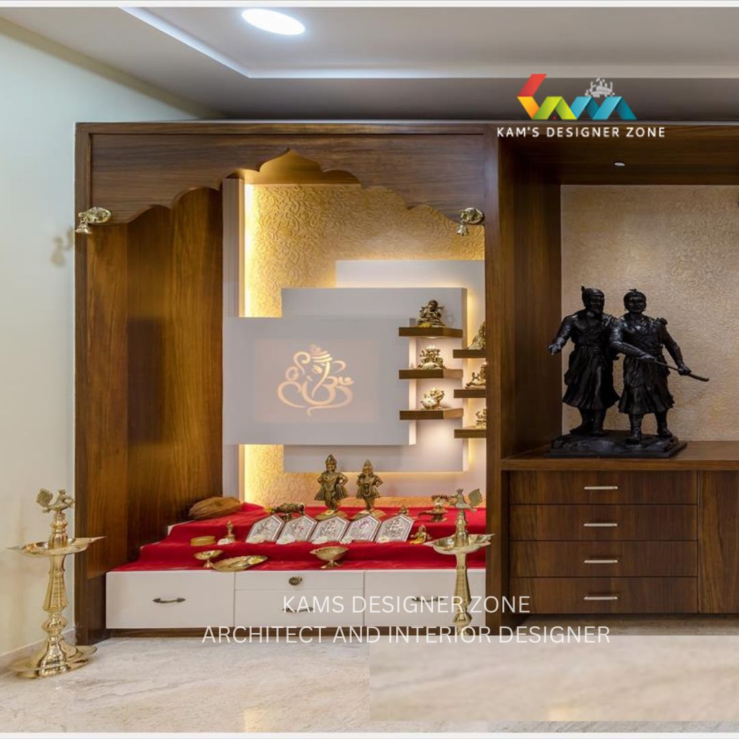 Modern Off White and Brown Mandir Design With Drawer Storage
