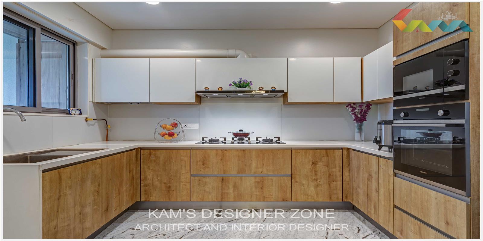 A Bold Light Brown and White toned Modular Kitchen