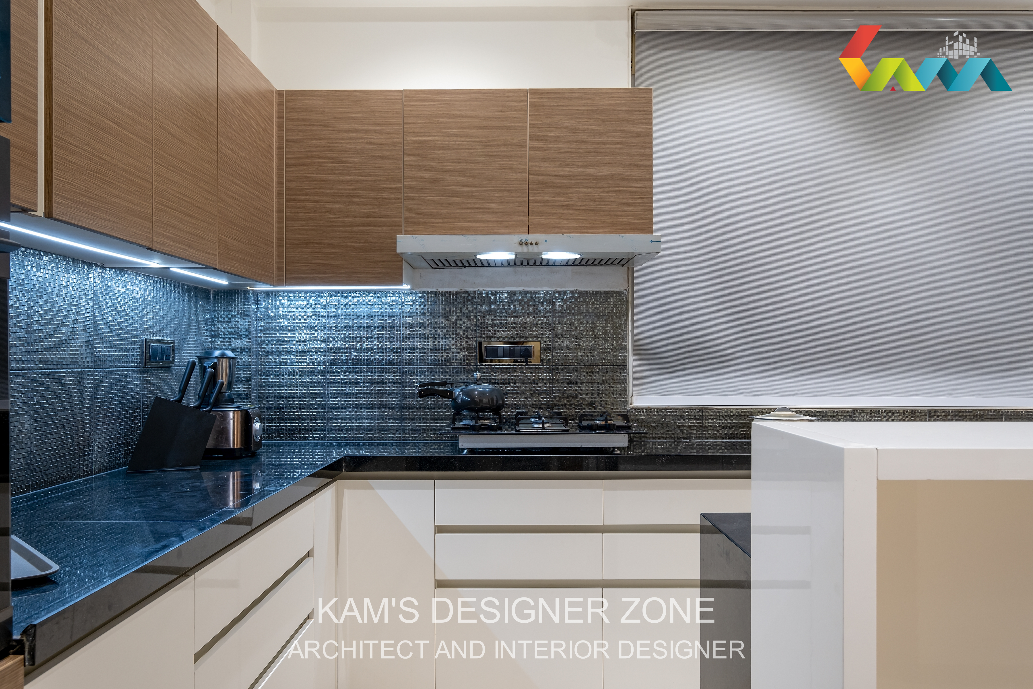 A Bold Navy Blue, Brown And White Modular Kitchen Design