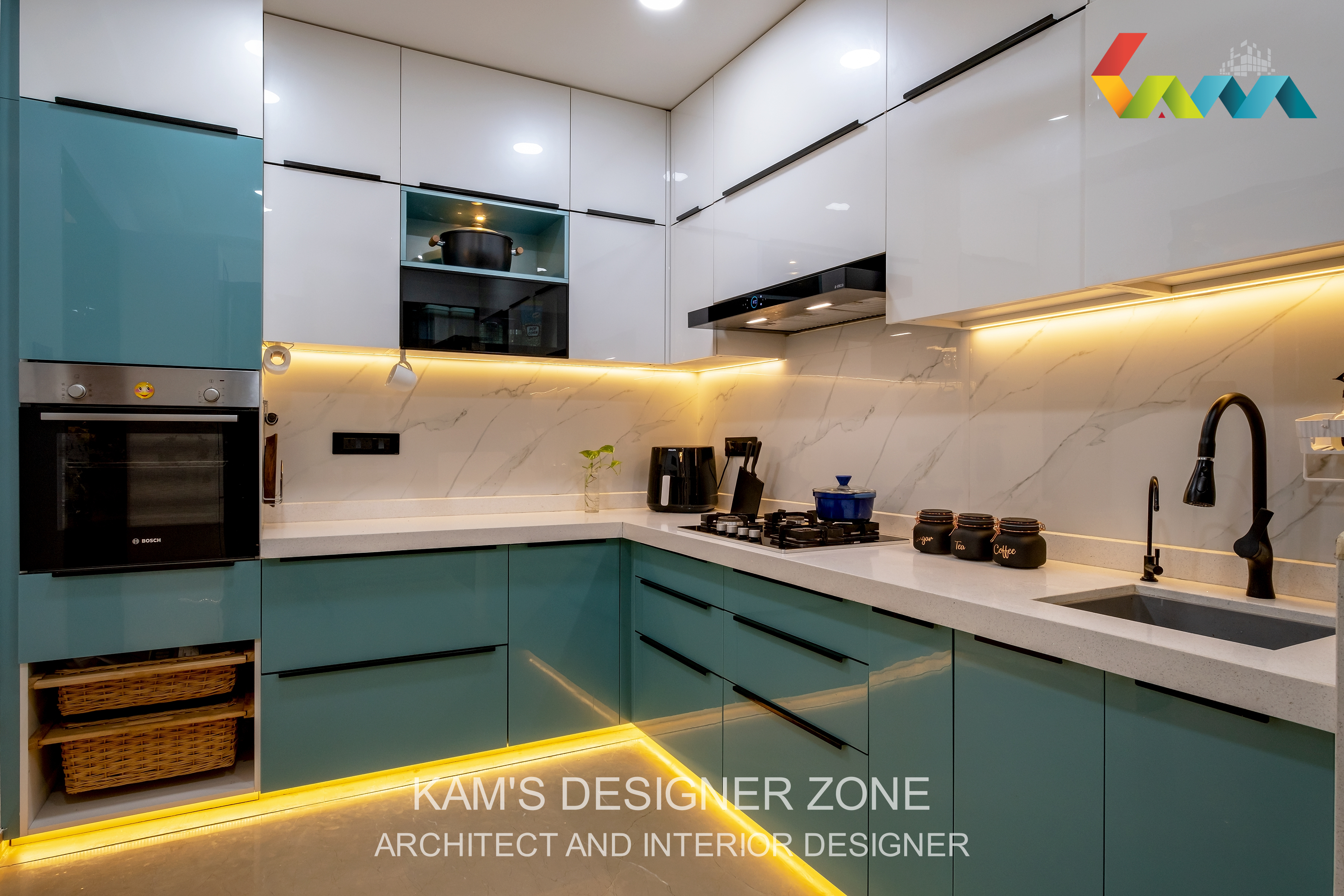 A Blue Modular Kitchen With Marble And Wood