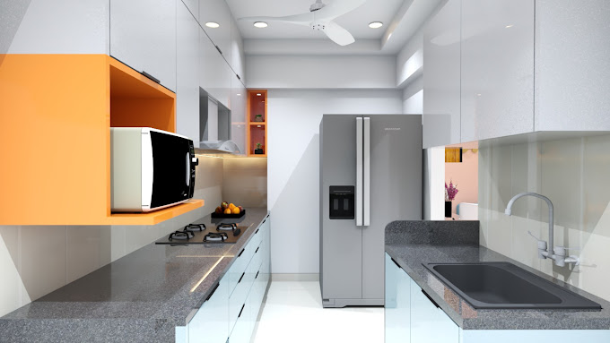 A Trendy Modular Kitchen in White and Grey Colour
                  