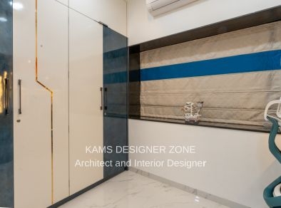 Modern 4-Door Dove White and Blue Swing Wardrobe Design With Loft Storage
                
